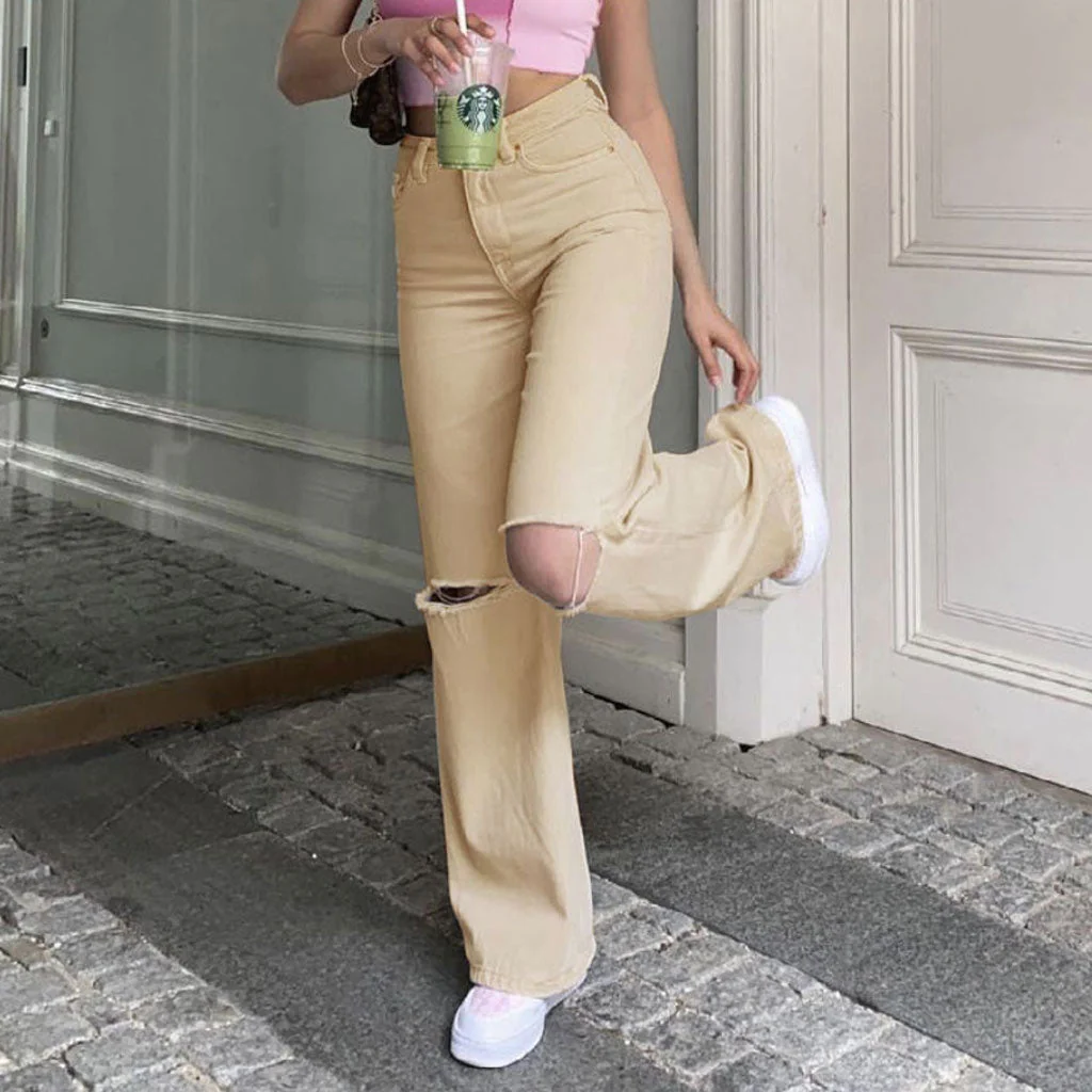 90s Cut Out High Waist Straight Leg Jeans - Khaki - Image 2