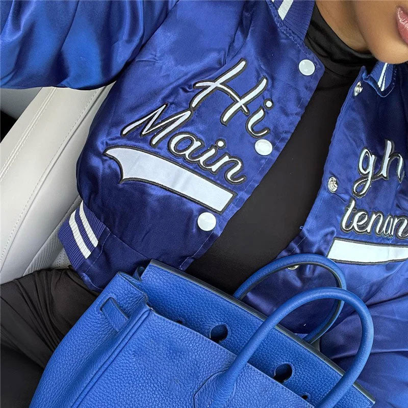 Letter Print Button Up Cropped Varsity Bomber Jacket - Royal Blue - Image 3