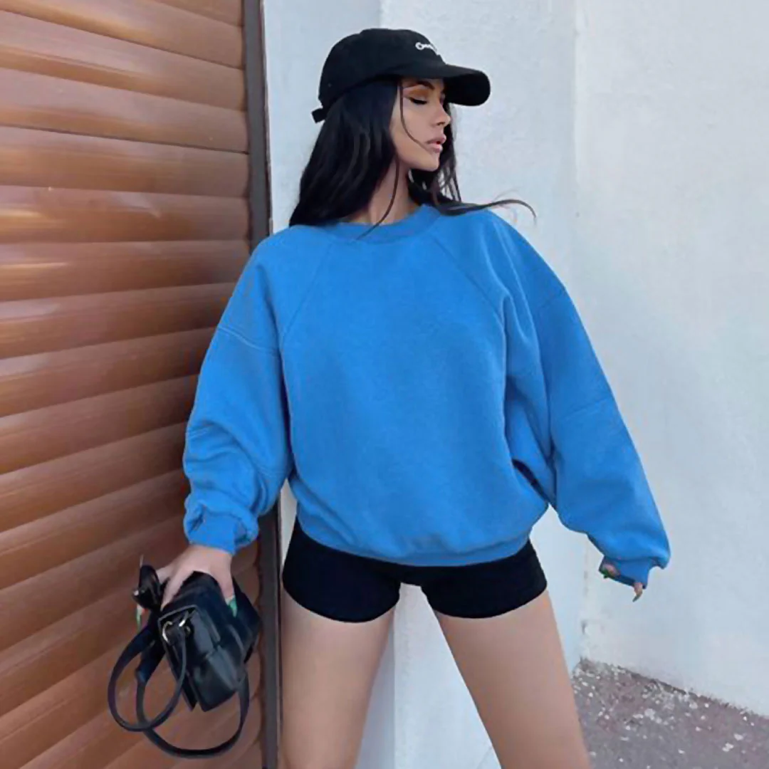 Ribbed Trim Drop Shoulder Long Sleeve Crew Neck Sweatshirt - Royal Blue - Image 2