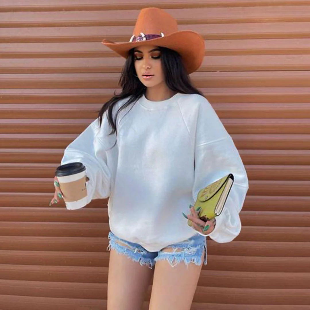 Ribbed Trim Drop Shoulder Long Sleeve Crew Neck Sweatshirt - White - Image 2
