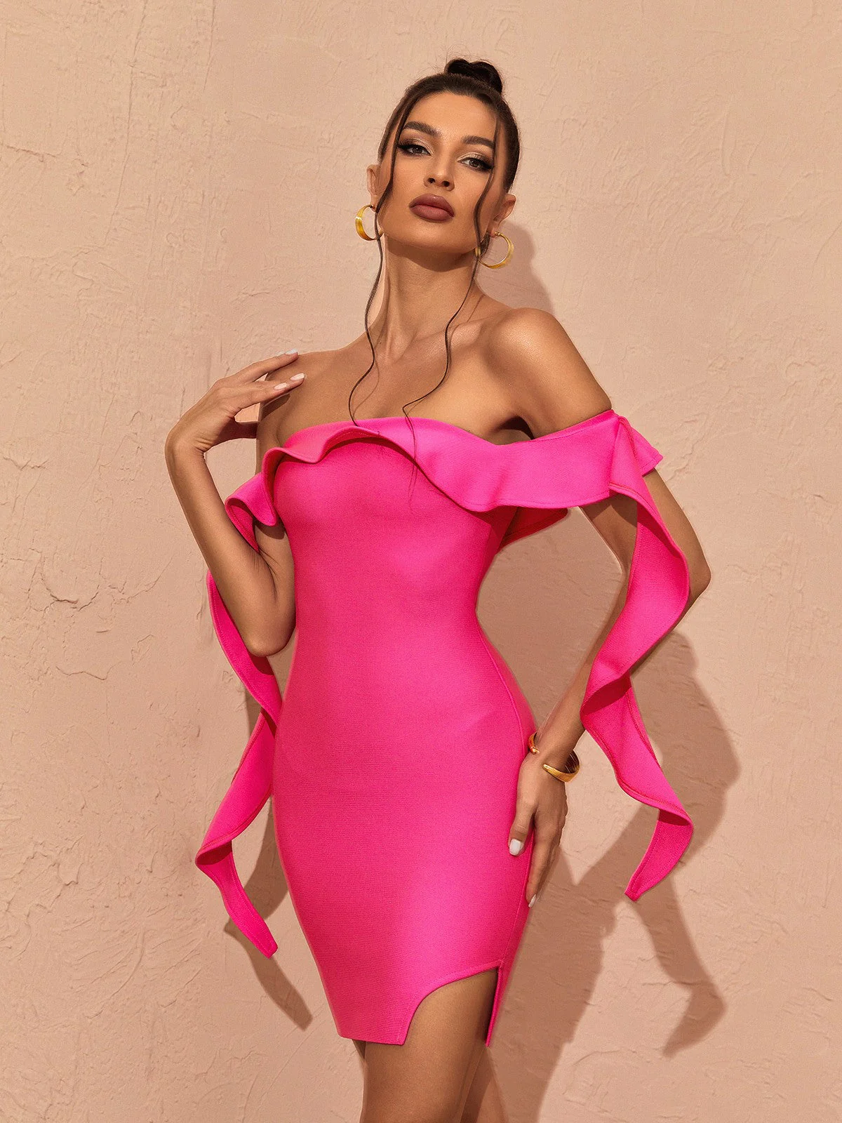Alivia Off Shoulder Ruffle Bandage Dress In Hot Pink - Image 4