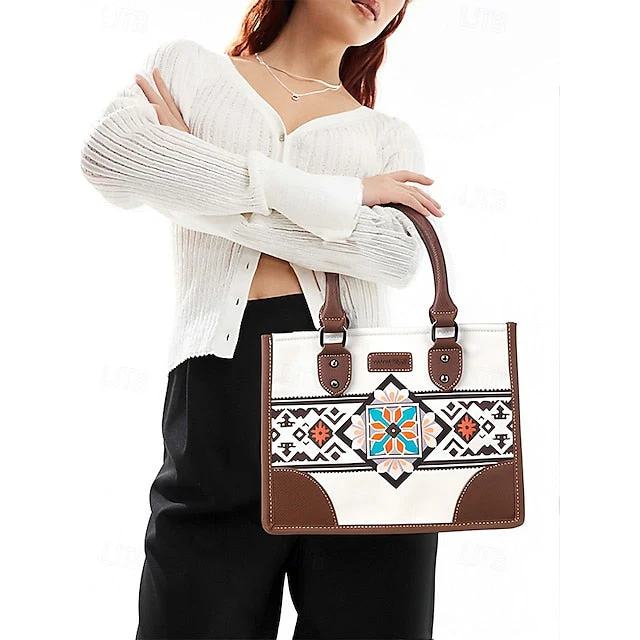 and Set Ethnic Leather Faux Handbag Canvas with - Image 2