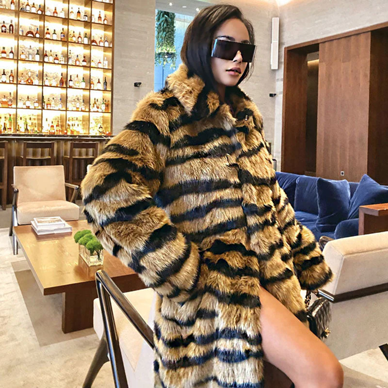 Animal Print Open Front Collared Teddy Trench Coat - Tiger - Image 2