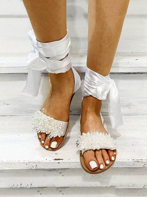 Ankle Strap Beaded Flat Heel Sandals - Image 4