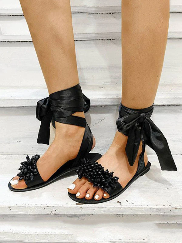 Ankle Strap Beaded Flat Heel Sandals - Image 7