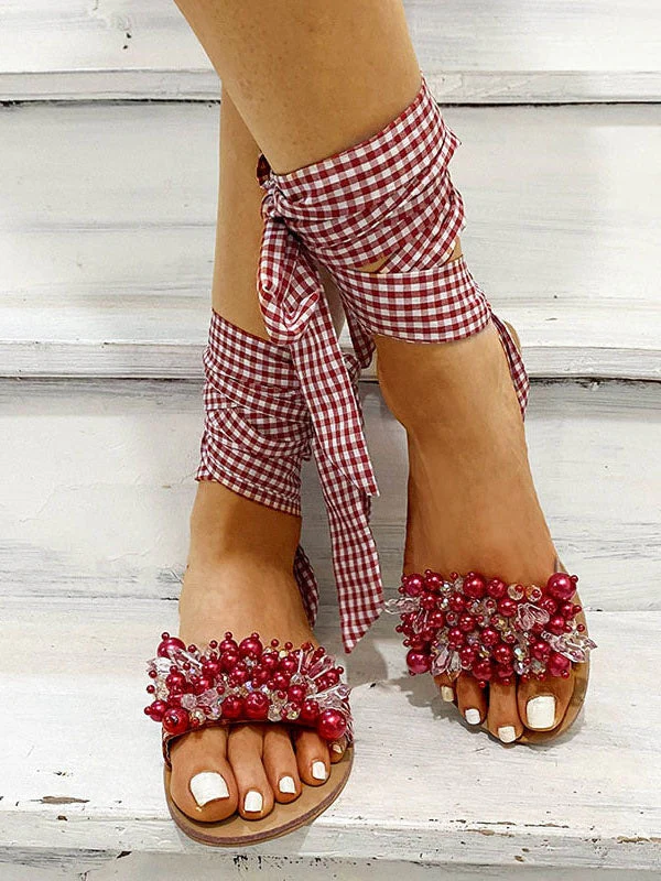 Ankle Strap Beaded Flat Heel Sandals - Image 9