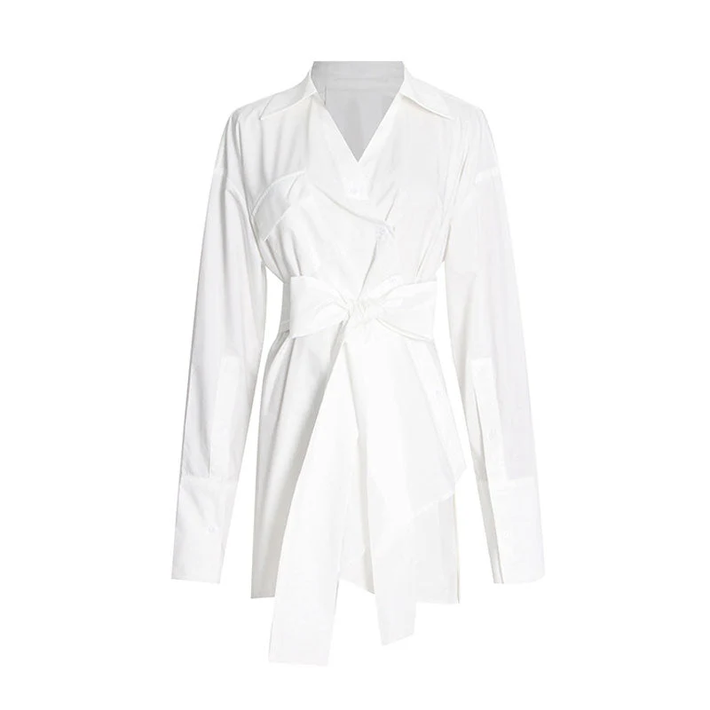 Collared Patch Pocket Button Up Belted Long Sleeve Shirt - White - Image 4