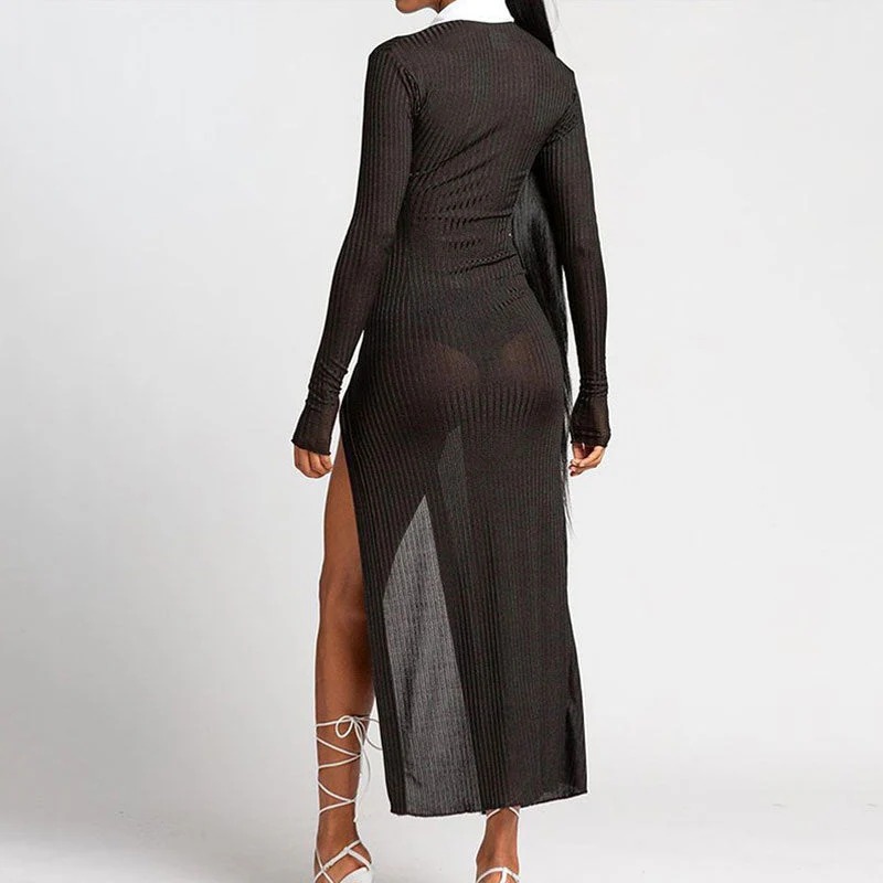 Button Up High Split Sheer Ribbed Knit Maxi Dress - Black - Image 2