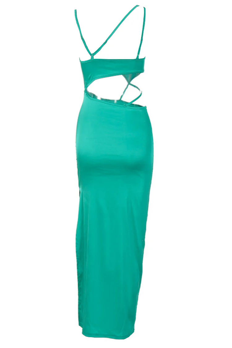 Asymmetric Cutout Summer High Slit Slip Maxi Dress - Green - Image 4