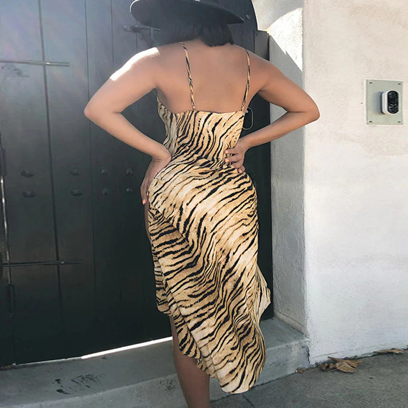Hem Animal Print High Split Sleeveless Midi Dress - Tiger - Image 2