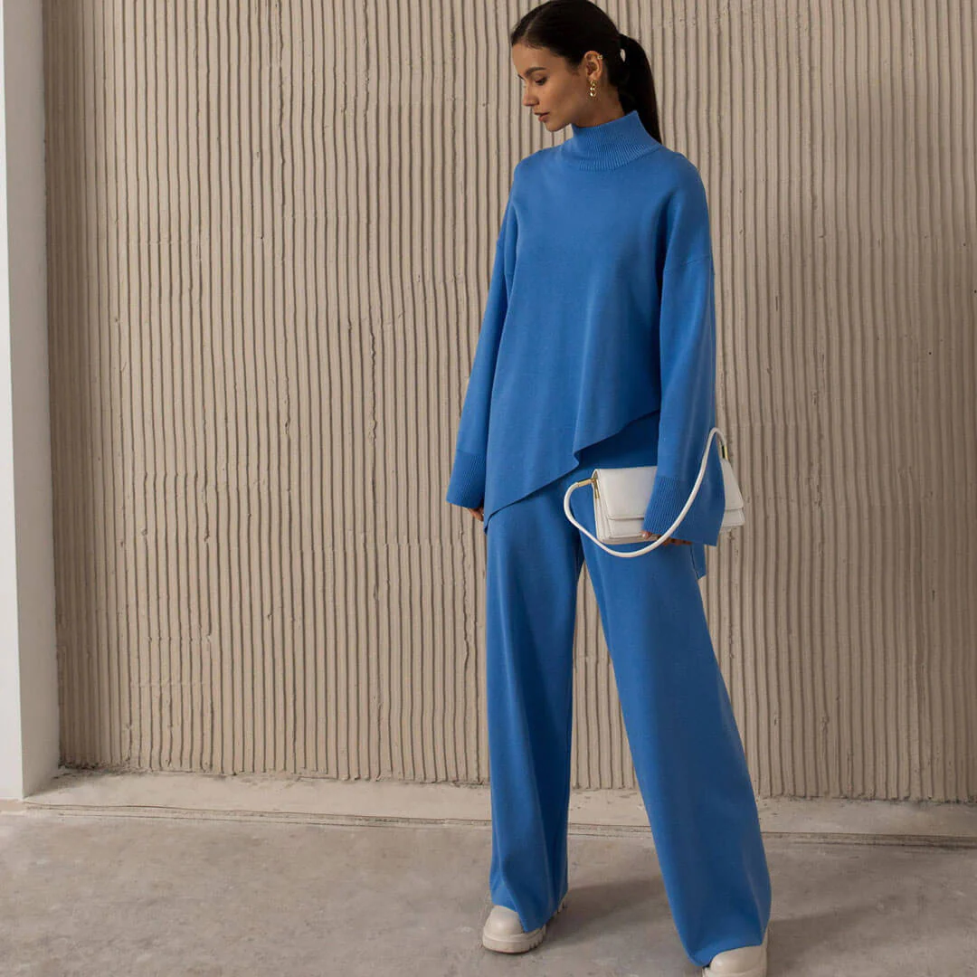 High Neck Bell Sleeve Sweater Wide Leg Pants Matching Set - Royal Blue - Image 2