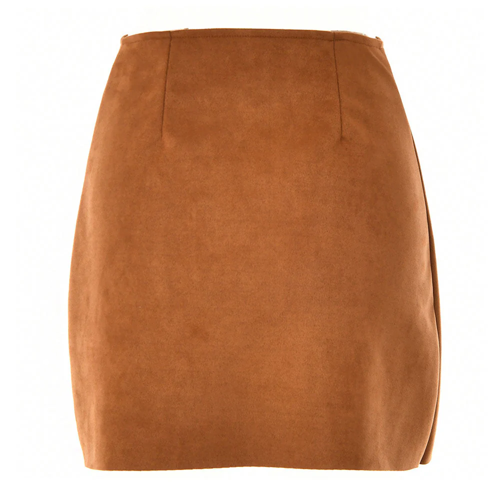 High Waist Button Up Faux Suede Wrap Mini Skirt - Brown - Image 4