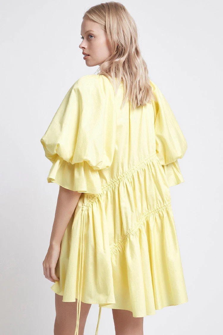 Asymmetric Ruffle Puff Sleeve Drawstring Babydoll Dress - Yellow - Image 3
