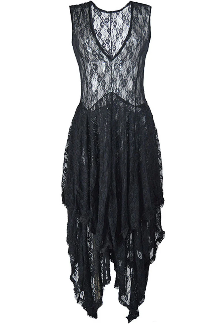 Asymmetric Tiered Ruffle Sleeveless Maxi Lace Dress - Black - Image 3