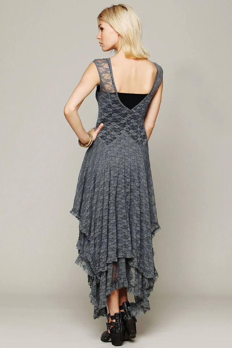 Asymmetric Tiered Ruffle Sleeveless Maxi Lace Dress - Gray - Image 2