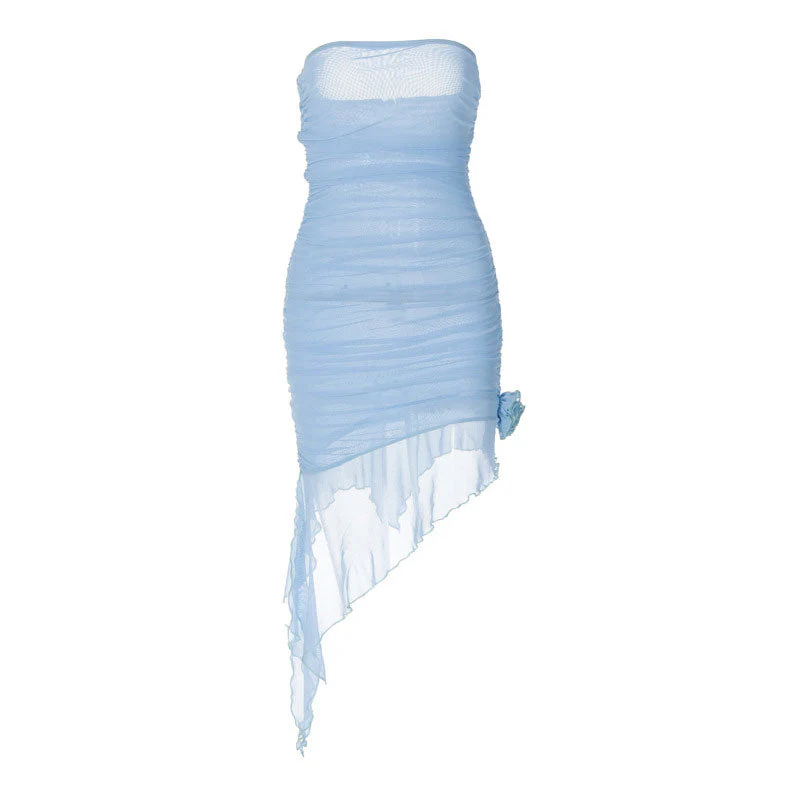Appliqu Detail Ruched Mesh Strapless Bodycon Mini Dress - White - Image 3