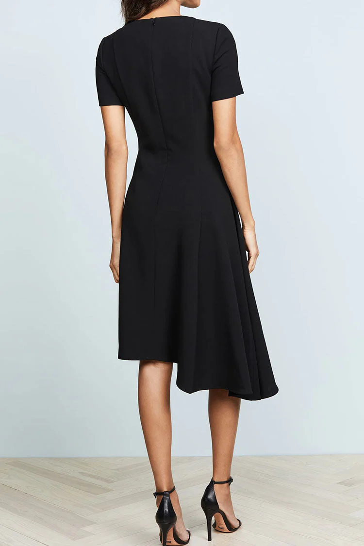 Asymmetrical Crew Neck Short Sleeve Fit & Flare Skater Midi Dress - Black - Image 3
