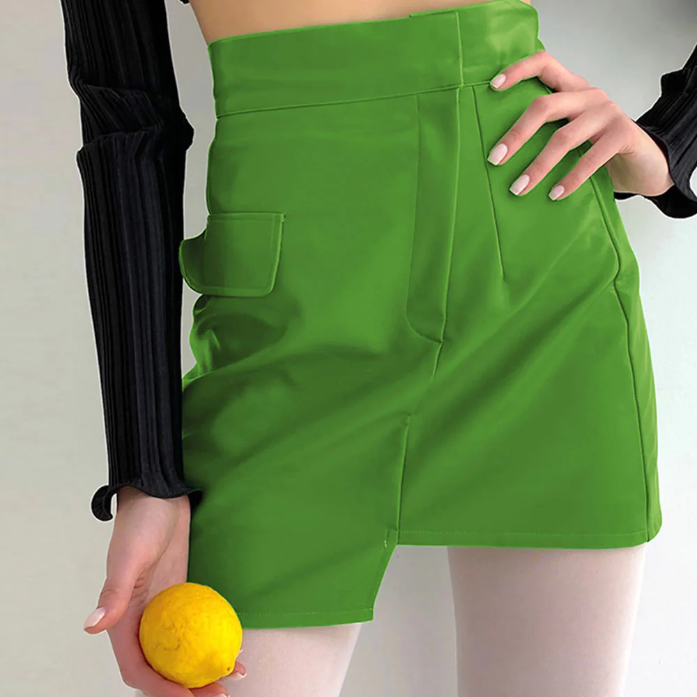 High Waist Seamed Trim Vegan Leather Mini Skirt - Green - Image 2