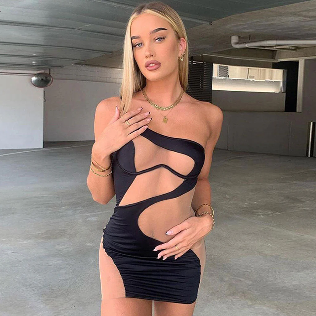 Mesh Panel One Shouder Bodycon Party Mini Dress - Black - Image 3