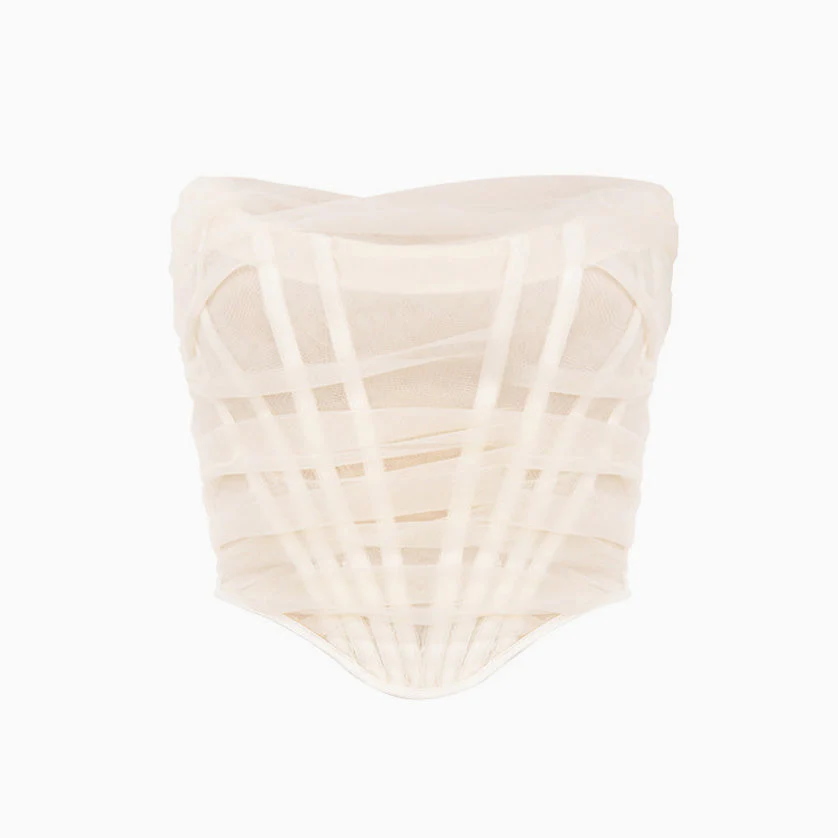 Sheer Style Ruched Strapless Mesh Corset Top - Ivory - Image 4