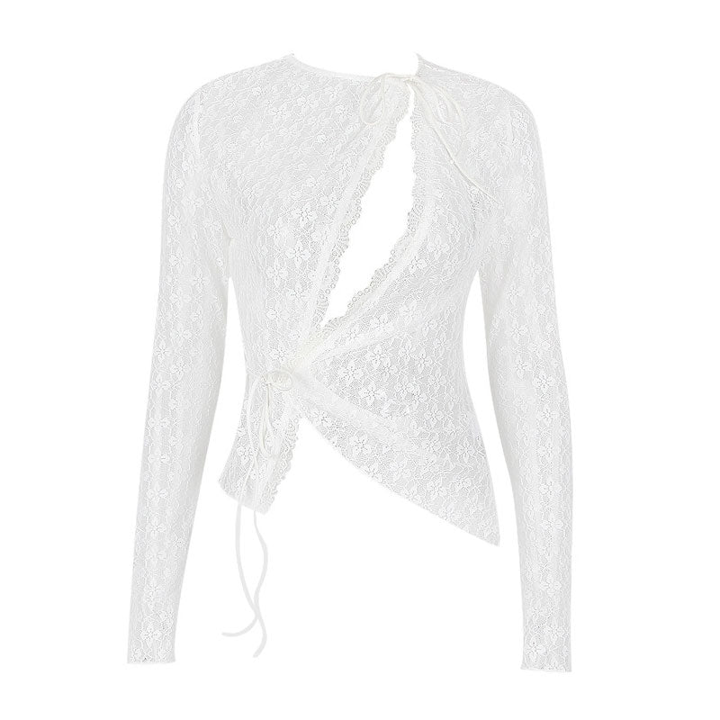 Sheer Cutout Tie Front Long Sleeve Lace Top - White - Image 4