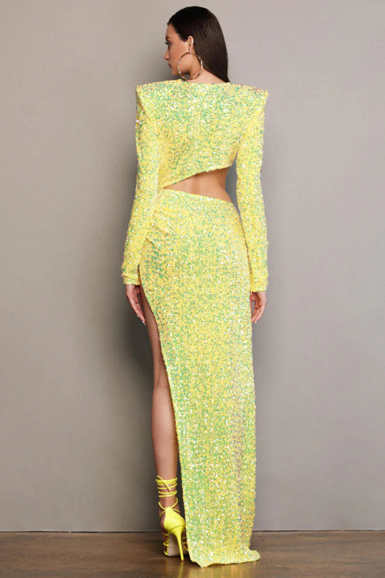 Asymmetrical Split Side Cutout Long Sleeve Velvet Sequin Dress - Yellow - Image 3