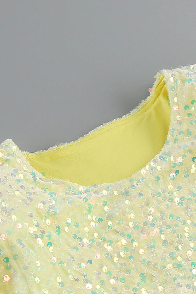 Asymmetrical Split Side Cutout Long Sleeve Velvet Sequin Dress - Yellow - Image 5
