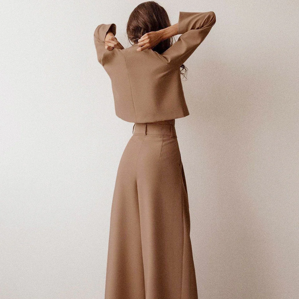 Long Sleeve Crop Top Wide Leg Pant Matching Set - Coffee - Image 3