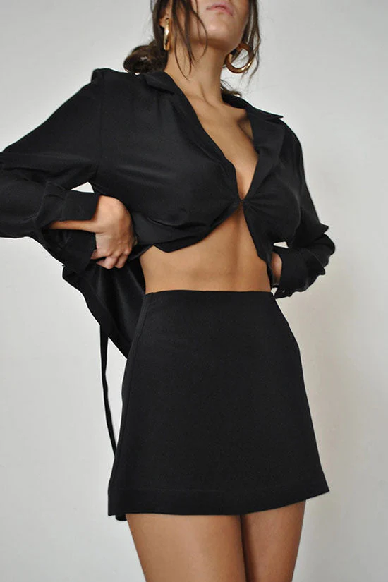 Athleisure Long Sleeve High Waist Skirt Two Piece Dress - Black - Image 2