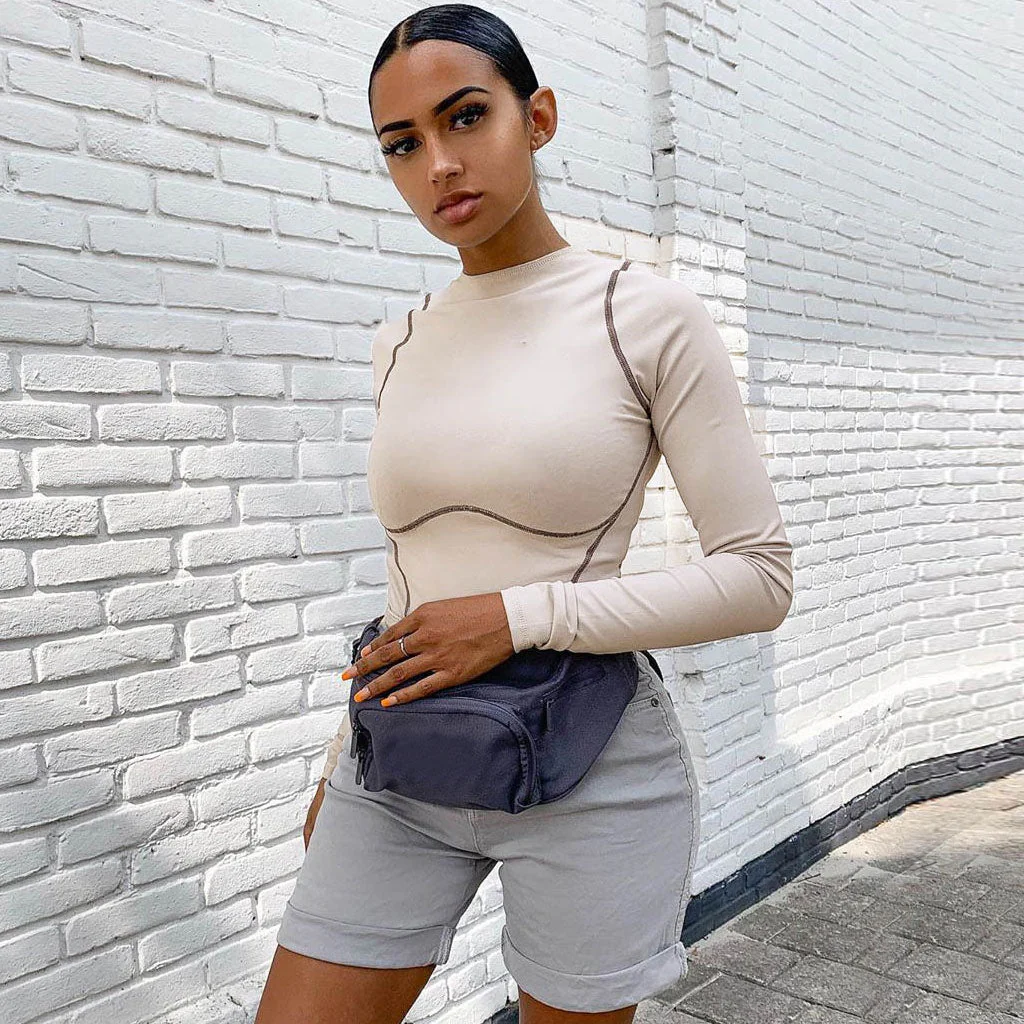 Crew Neck Seamed Long Sleeve Bodysuit - Apricot - Image 2