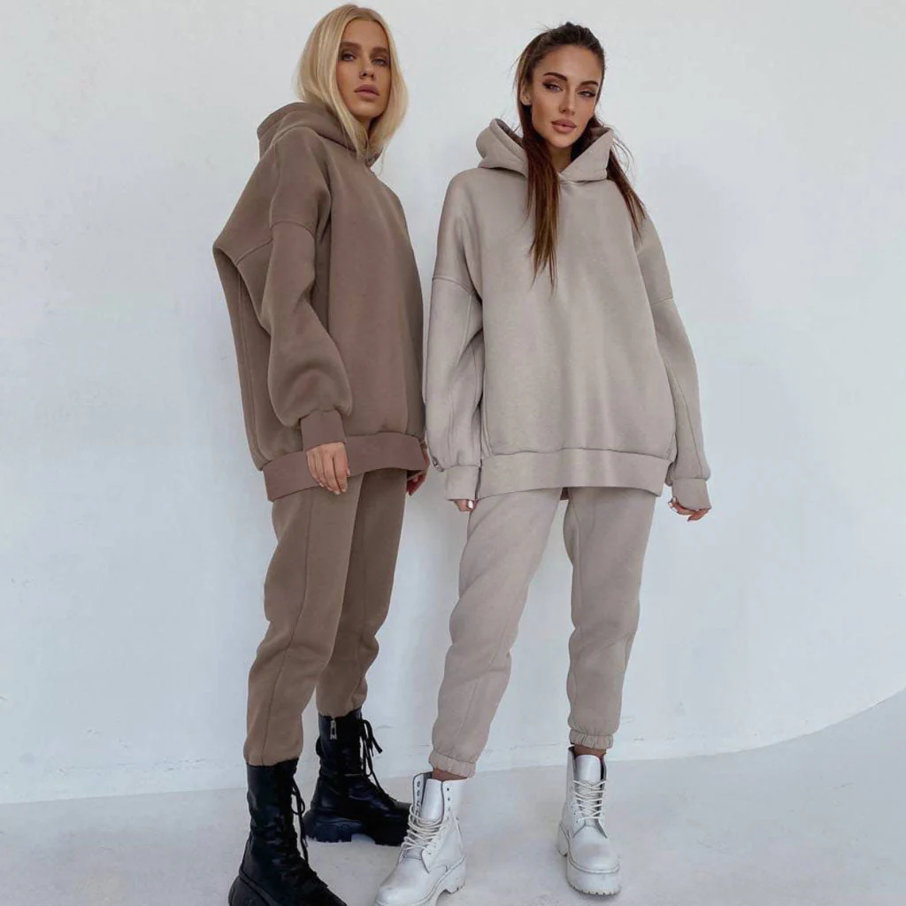 Long Sleeve Hoodie Matching Set - Coffee - Image 2