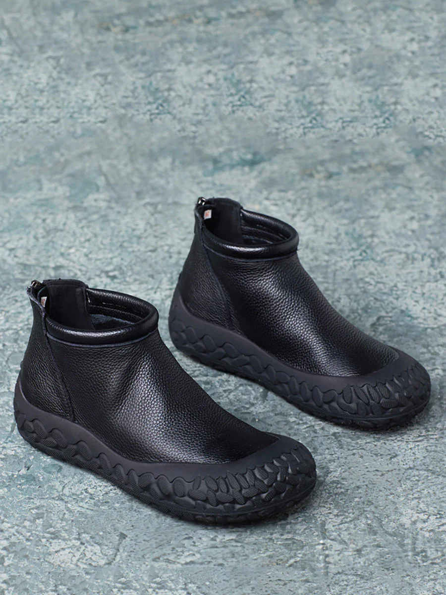 Autumn Casual Pure Color Leather Zipper Flat Boots - Image 6