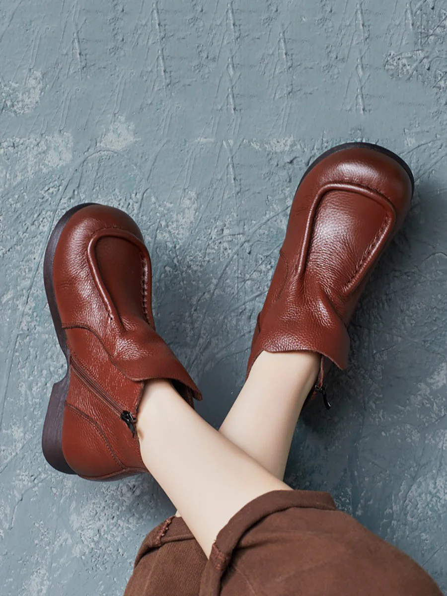 Autumn Soft Leather Zipper Low Heel Ankle Boots - Image 4