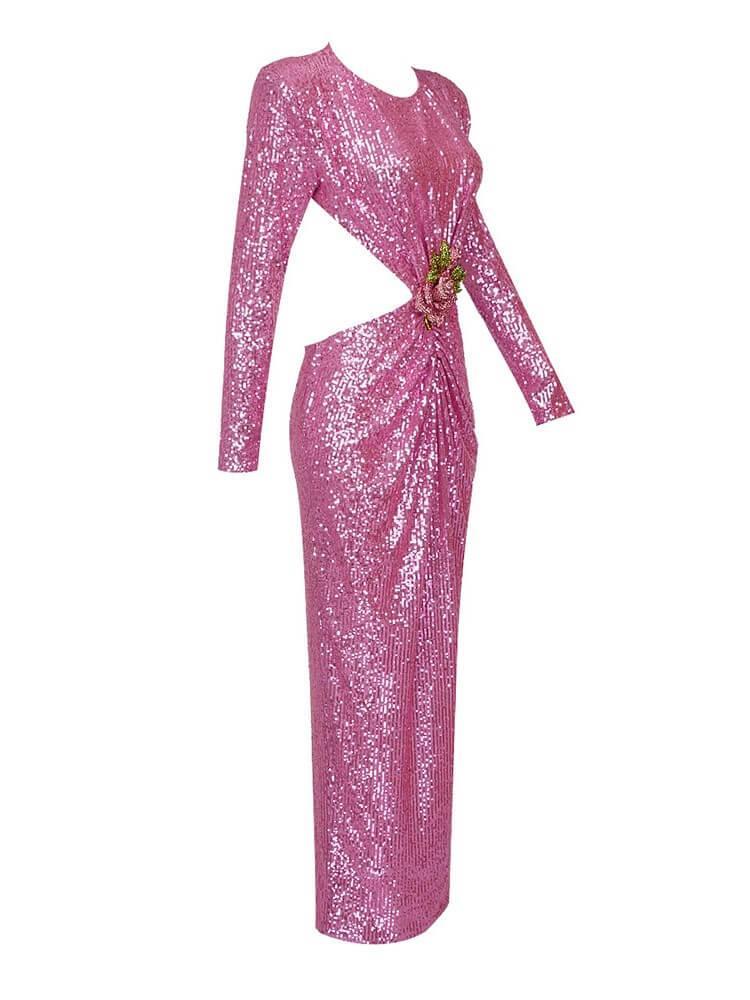 Aviva Long Sleeve Cutout Sequin Maxi Dress In Pink - Image 7