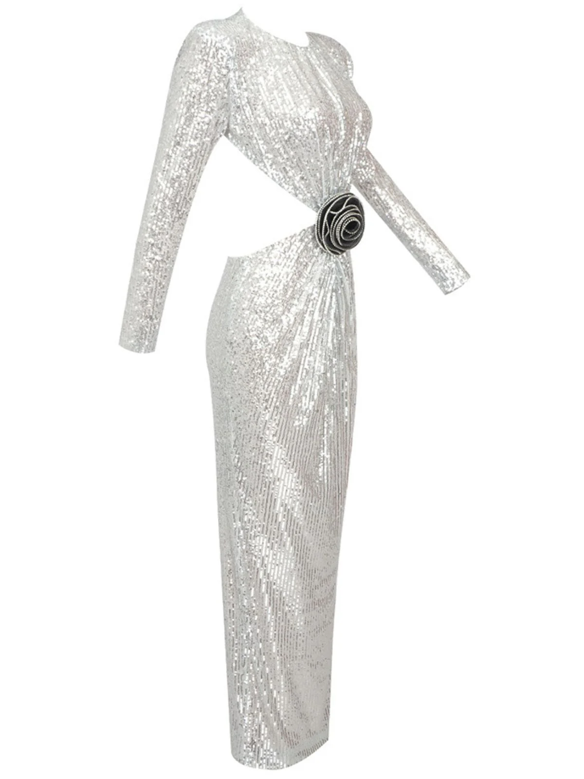 Aviva Long Sleeve Cutout Sequin Maxi Dress In Silver - Image 7