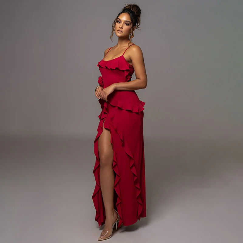 Backless Slit Spliced Halter Dress - Image 3