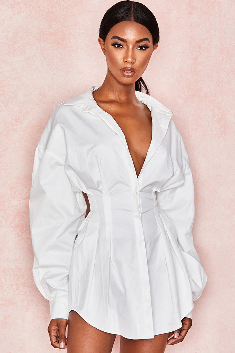 Balloon Sleeve Cinch Waist Button Down Mini Shirt Dress - White - Image 2
