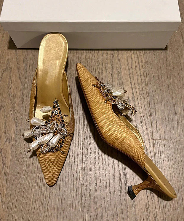 Bead French Slide Pointed Sandals Decorated Toe Golden - Image 2