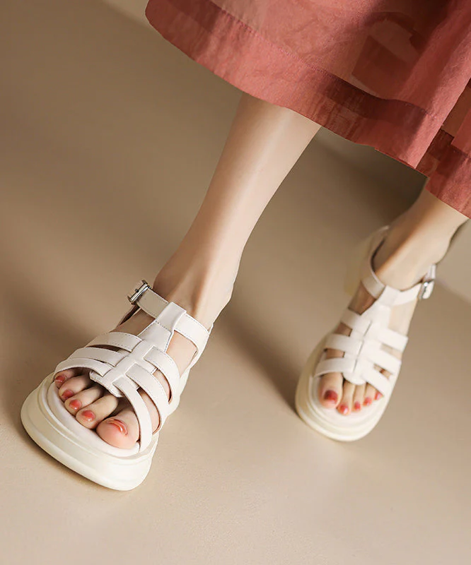Beige Chunky Heel Faux Leather Art Splicing Sandals Peep Toe - Image 3