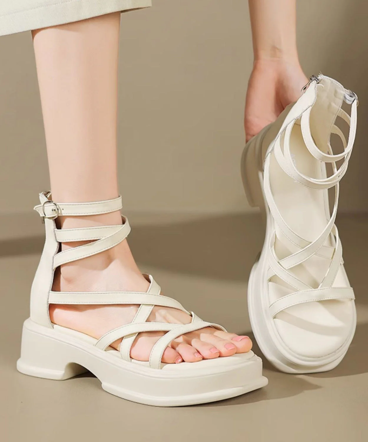 Beige High Top Strap Roman Sandals Peep Toe - Image 4