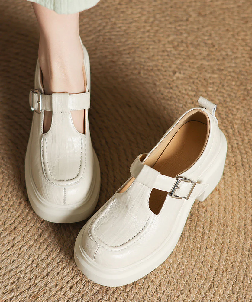 Beige Sheepskin Chunky Heel Loafers Splicing Buckle Strap - Image 5