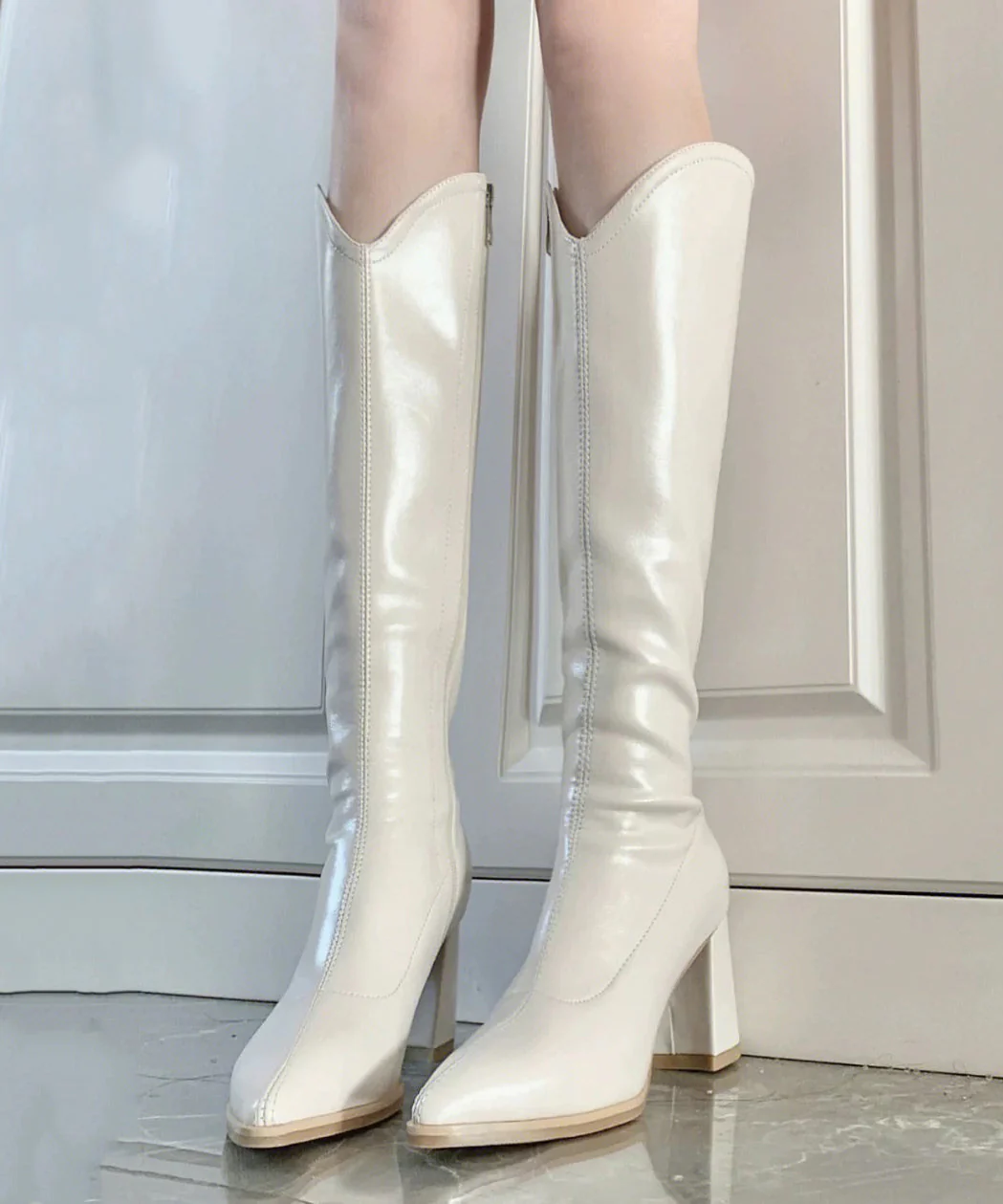 Beige Splicing Chunky Heel Boots Pointed Toe