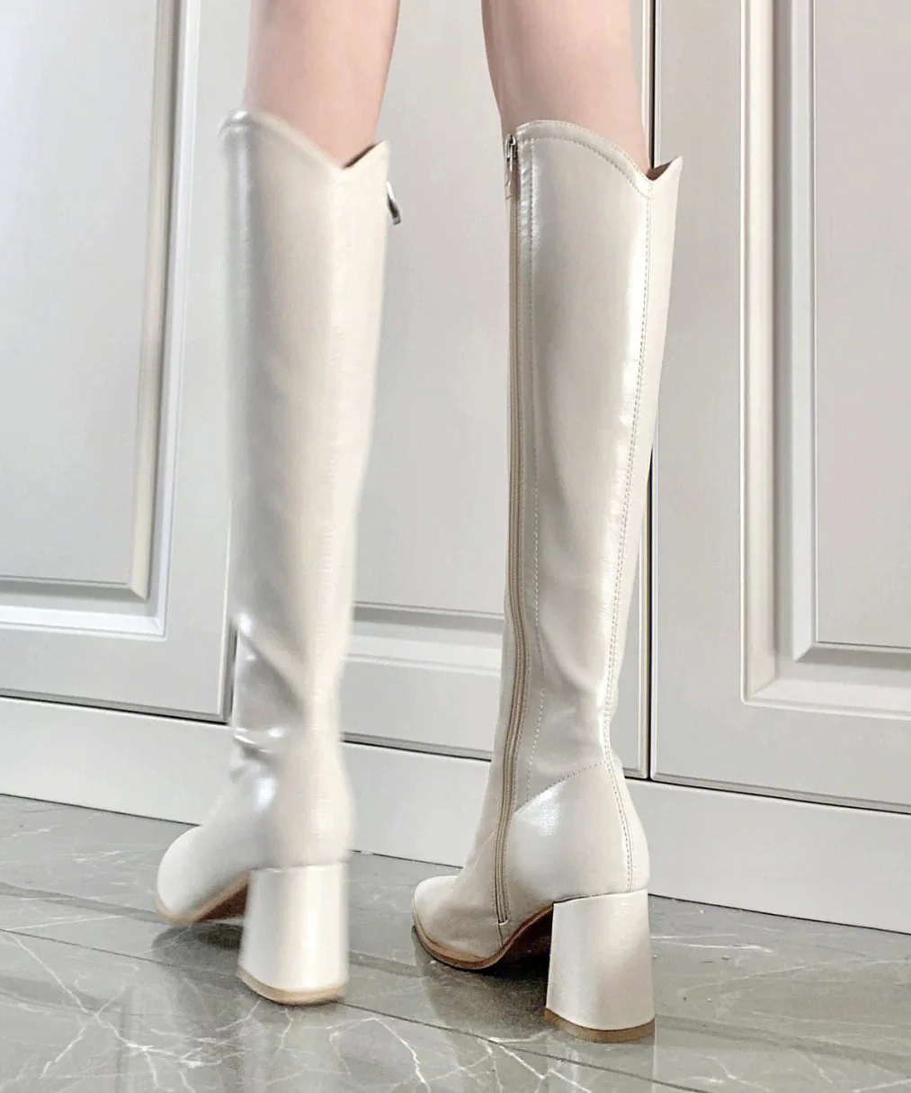Beige Splicing Chunky Heel Boots Pointed Toe - Image 5