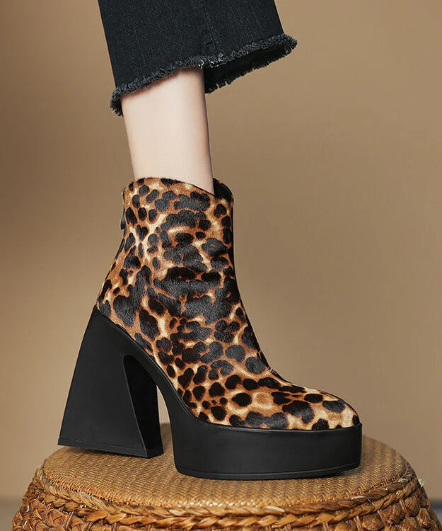 Black Chunky Heel Zippered Splicing Horsehair Boots - Image 2