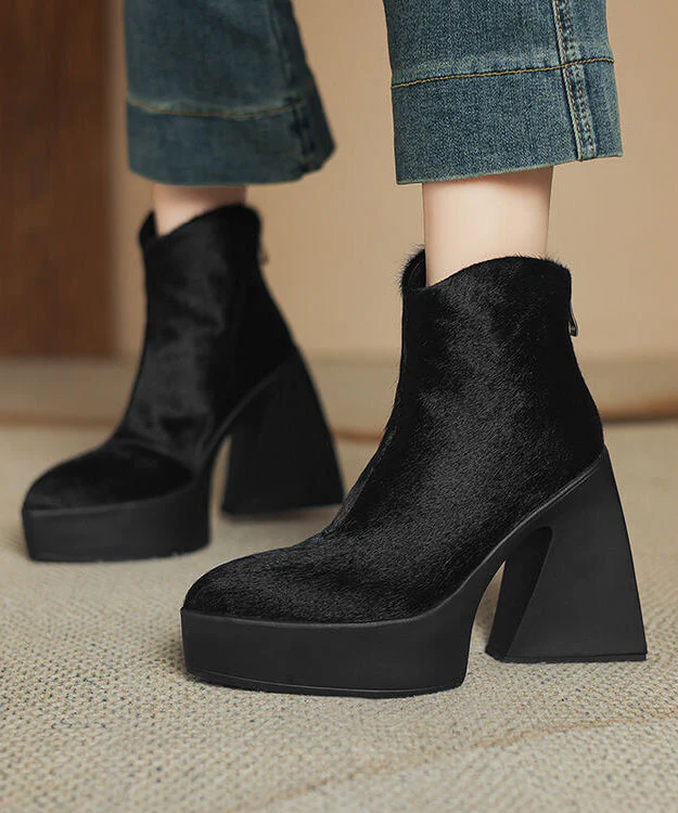Black Chunky Heel Zippered Splicing Horsehair Boots - Image 5