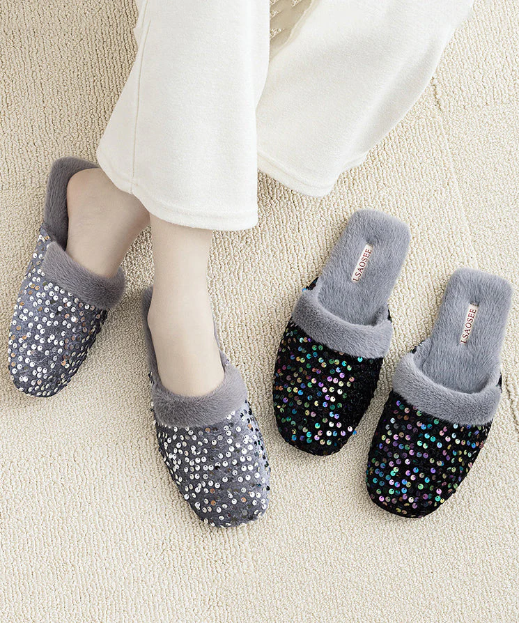Black Cotton Fabric Slippers Shoes Sequins Fuzzy Wool Lined - Image 2