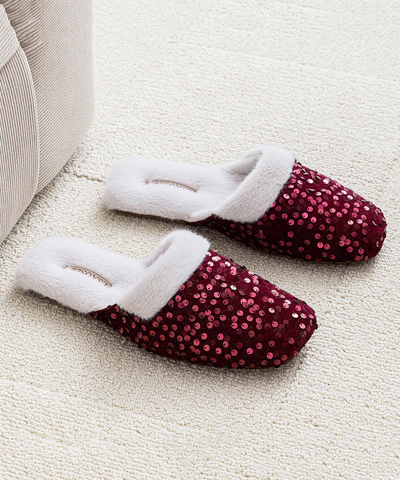 Black Cotton Fabric Slippers Shoes Sequins Fuzzy Wool Lined - Image 3