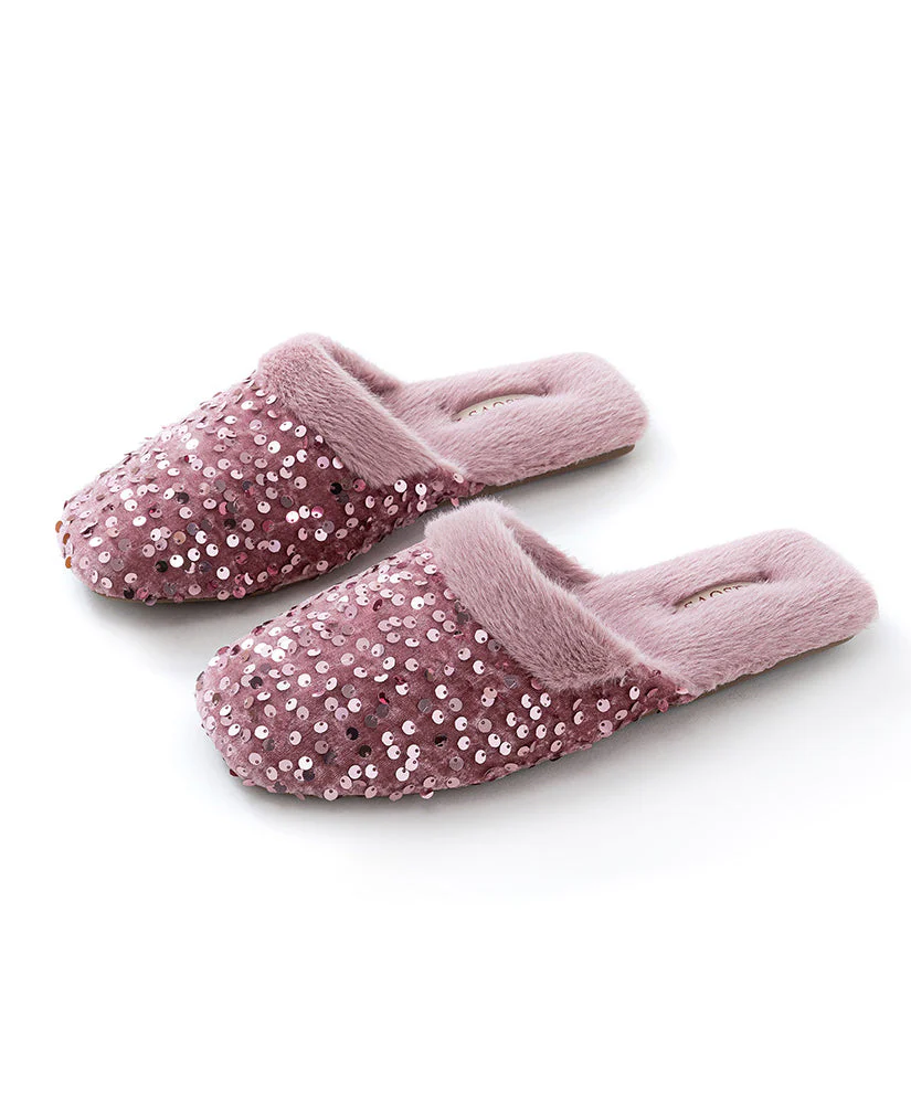 Black Cotton Fabric Slippers Shoes Sequins Fuzzy Wool Lined - Image 4