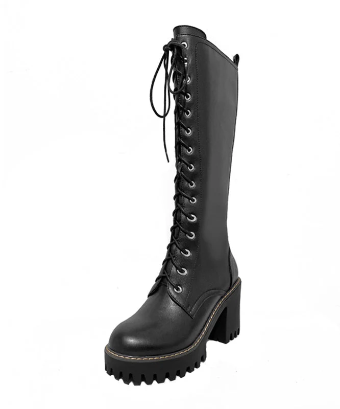 Black Cross Strap Zippered Splicing Chunky Boots - Image 5