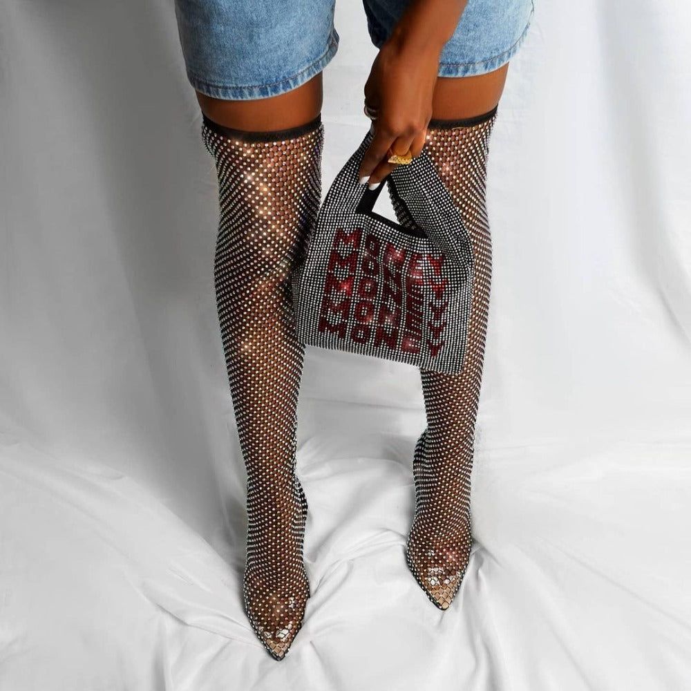 Glimmer Over The Knee Rhinestone Mesh Heel Boots - Image 6